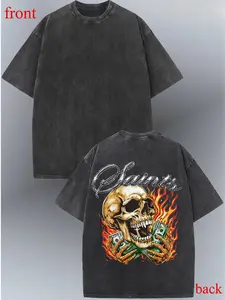 Ossie Oversized Vintage Washed Flame Skull Graphic Tee Hip Hop Streetwear Aesthetic Saints Clothes Dark Aesthetic Grunge Outfits Niche Streetwear T-Shirt for Men Women Spring Break Fit