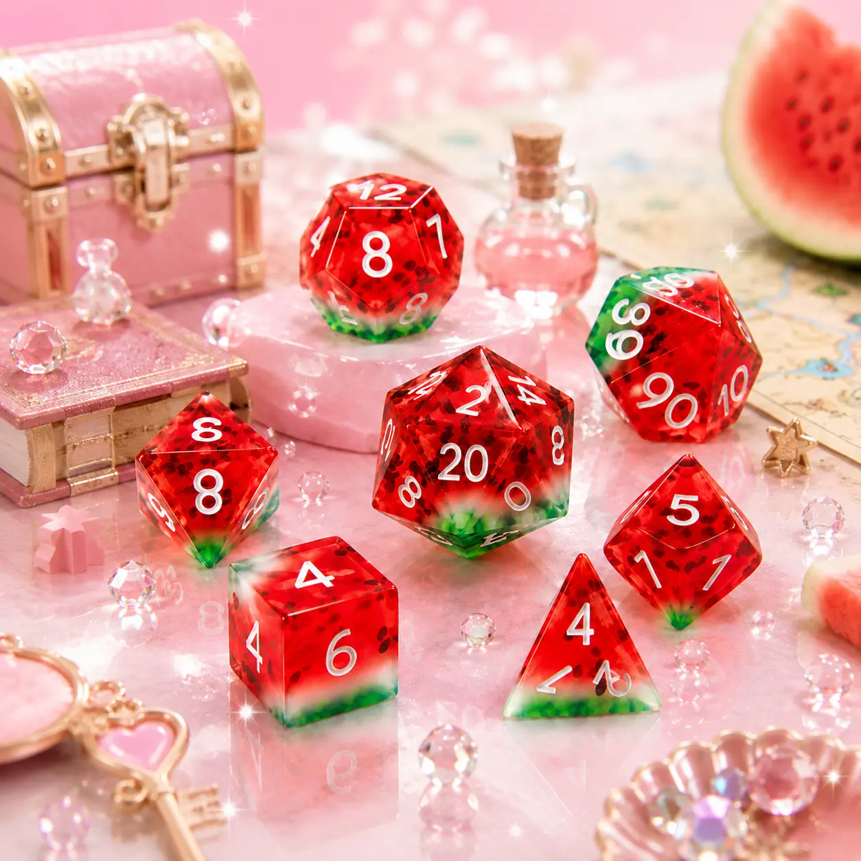 7-Piece High Contrast Watermelon Resin Polyhedral Dice Set, Red-Green for DND RPG TTRPG Tabletop Games, Board Game Accessory, Gamer Gift for Birthdays, Collecting, Board Games, Display