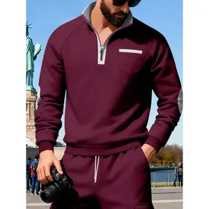 Men's Fashionable Fall Winter Heavyweight Fleece Hoodie, Loose Fit Stand Collar Half Zip Pocket Design, Casual Colorblock Sweatshirt
