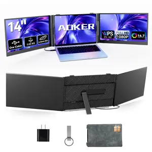 AOKER One Cable Connection Triple Laptop Screen Extender - Ultra Thin 14" Monitor IPS FHD 1080P Lightweight Portable Display for 13"-17" Laptops Compatible with Windows Mac Chrome Travel Work Setup