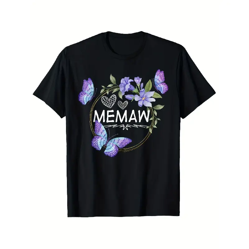 Women's Memaw T-Shirt - 180g Soft Breathable Short Sleeve Tee with Memaw Name Print, & Floral Heart Design, Black & Purple/Pink, Unisex Fit S-XXXL, Mother's Day Gift, Casual Summer Everyday Shirt, Machine Washable