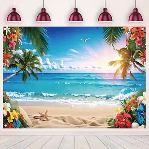 Tropical Beach Backdrop Hawaiian Sunset Palm Tree Style Polyester Fabric Photography Background Wrinkle Resistant HD Print Party Decor Photo Booth Wedding Setup