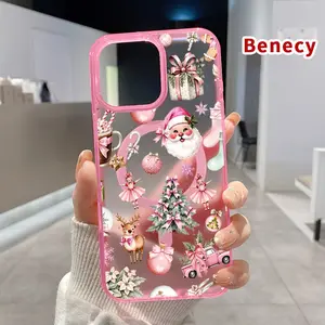 Magnetic Soft Case for iPhone 15 16 14 Pro Max 13 12 11 XR XS Plus E Drop Protection Transparent  Pink Christmas Delight Pattern Shockproof Silicone Cover Supports Wireless Charging