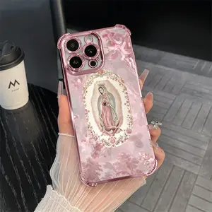 Phone Case for iPhone 17 Pro Max 16 E 15 Plus 14 13 12 11 XS XR Pink Virgin Mary Lightweight Shockproof TPU Silicone Bumper Drop Protection Cover