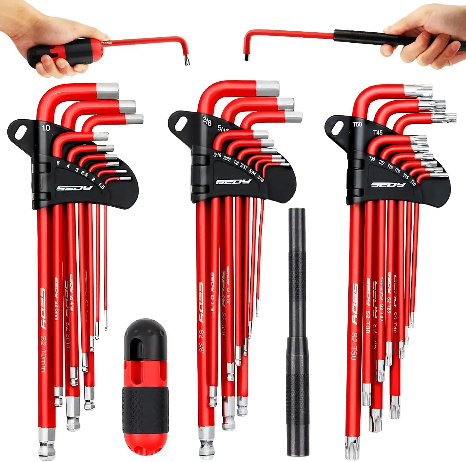 SEDY 30-Piece Long Arm Ball End L-Hex & Torx Key Set with Grip Handle, Ultimate Hex Key Wrench Set with T-Handle and Extension Bars, SAE 1/16" to 3/8"