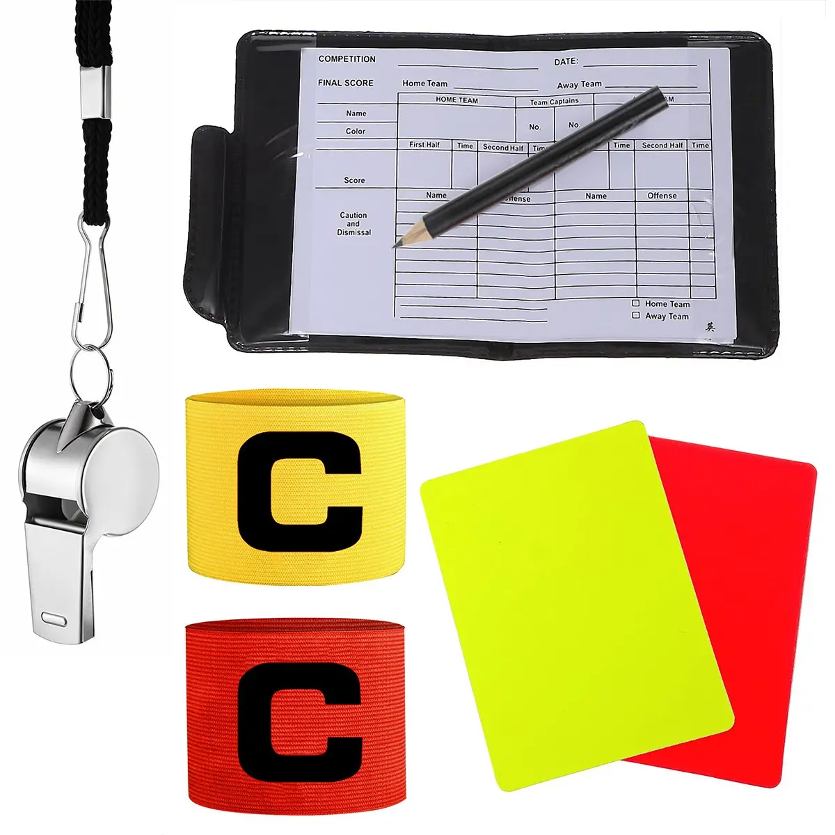 5-Set Football Referee Kit, Football Equipment, Includes Cards, Flag, Log Book, Lanyard Whistle, Aluminum Pen, Two Position Badges, Ideal for Training and Matches