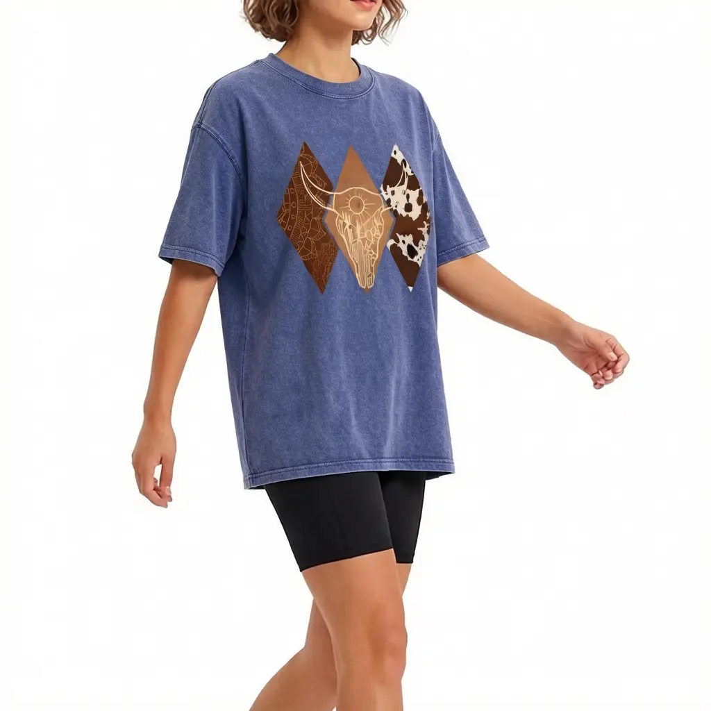 Women's Bull Head Print Round Neck Washed T-Shirt, Casual Short Sleeve Crew Neck, Fashion Ladies' All-Season Daily Wear Top,Long,Batwing,Striped,Cap,Tee,shirts,Elegant,Eyelet,Commuter,oversized,tshirt,Floral,Sarcastic