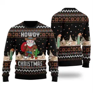 Howdy Christmas Sweater – Funny Cowboy Santa Holiday Knit Pullover | Western Ugly Xmas Sweater for Men & Women