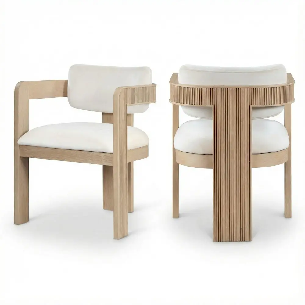Art Deco Cream Velvet Dining Chairs with Armrests, Set of 2
