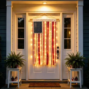 Lighted American Rag Flag Banner With LED Fairy Lights, 4x2.3 Ft Rustic Patriotic Tassel Garland For 4th Of July Decoration, Aesthetic Americana Wall Hanging For Porch Yard Party, Independence Day Celebration Home Decor 250th Anniversary