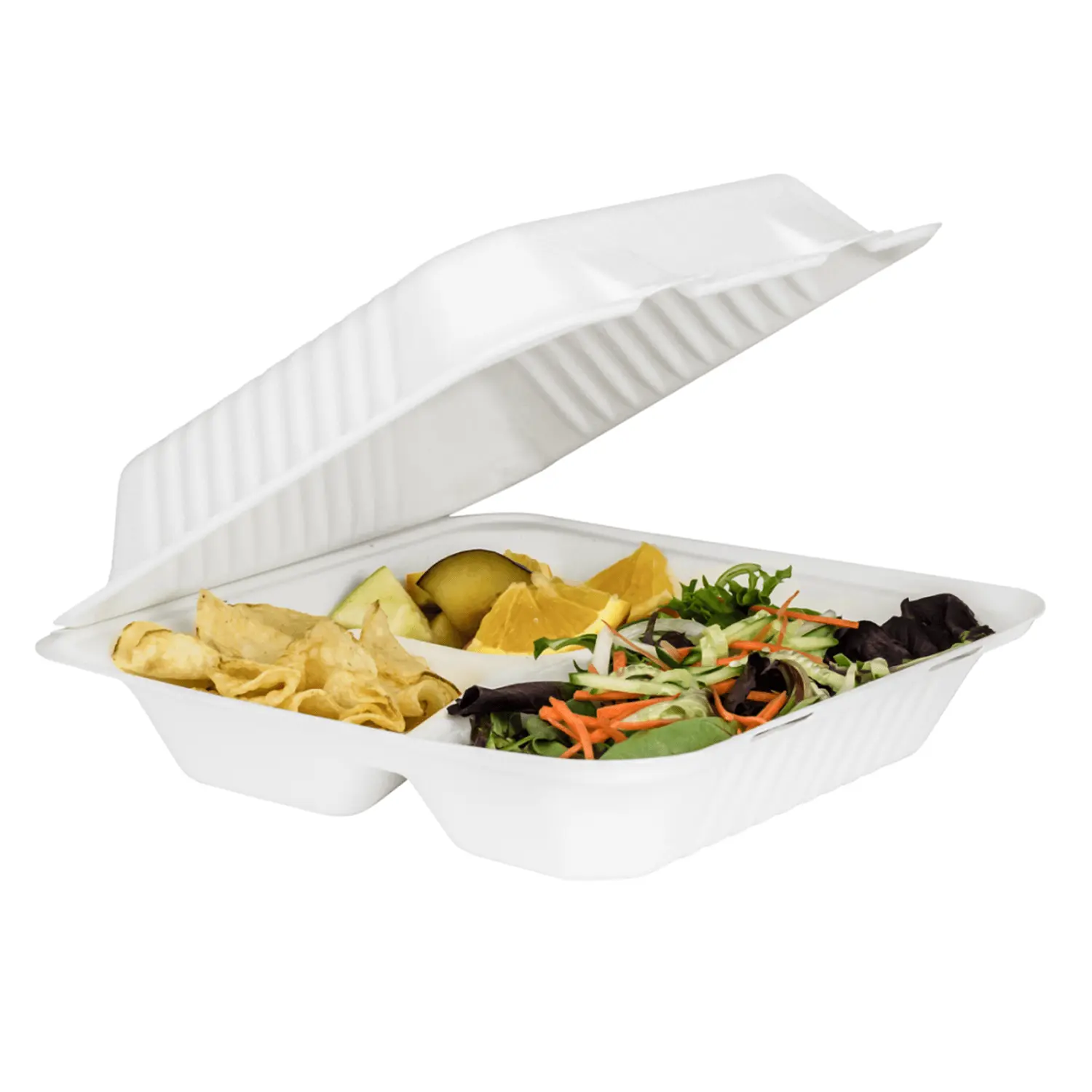 Karat Earth 9"x9" PFAS Free Compostable Bagasse Hinged Container, White, 3 Compartments - 200 pcs Karat Earth 9"x9" PFAS Free Compostable Bagasse Hinged Container, White, 3 Compartments - 200 pcs