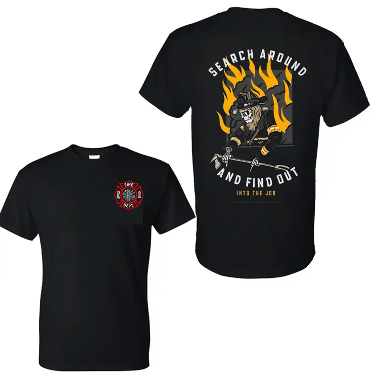 Unisex Breathable Classic Cotton Short-Sleeve "Search Around Find Out" Skeleton Firefighter Graphic Tee, Double-Sided Fire Dept Inspired Casual Streetwear Oversized Shirt, Day Wear Gift for Joggers, Shortsleeve