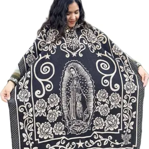 Gabanes sin gorro ponchos with Virgen de Guadalupe design and floral patterns for women