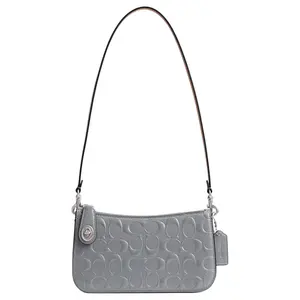 COACH Penn 21 Embossed Logo Zip Top Handle and Crossbody Bag for Women in Gray-Blue Leather