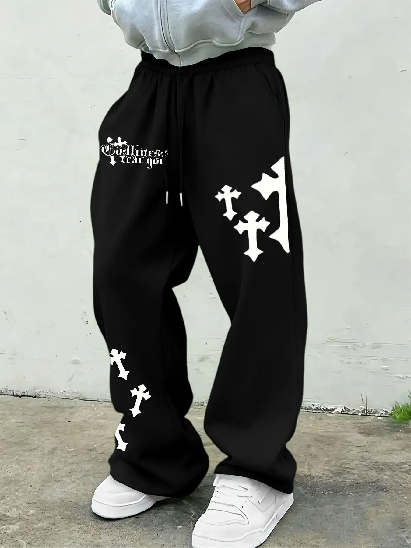 Cross Print Geometric Dark High Street Fashion Streetwear Man Wide Leg Pants, Trouser, Loose Fit Straight Leg Jeans, American Vintage Casual Fitted Pants for Fall & Winter