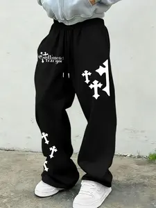 Cross Print Geometric Dark High Street Fashion Streetwear Wide Leg Pants, Loose Fit Straight Leg Jeans, American Vintage Casual Pants for Fall & Winter