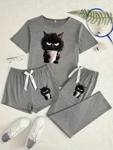 Women's Cartoon Cat Print Pajama Set, 3 Piece Sleepwear Collection, Casual Fitted Nightwear for All Seasons Loungewear