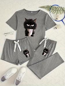 women's cartoon cat print pajama set, 3 piece sleepwear collection, casual fitted nightwear for all seasons, womenswear
