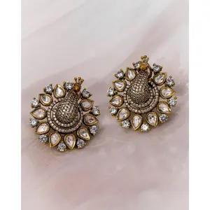 Mayuri Earrings | 3D Kundan Polki Peacock Design | Antique Gold Finish with Cubic Zirconia | Traditional Craftsmanship Meets Modern Elegance | Brass Metal with Post Back Closure