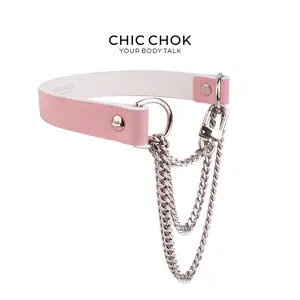 CHICCHOK [Pink Breathless] Fashion Thick Chains, Movable Pulling Chain Daily Wear Leather Necklace Choker Jewelry Accessories Boho Style Jewelry