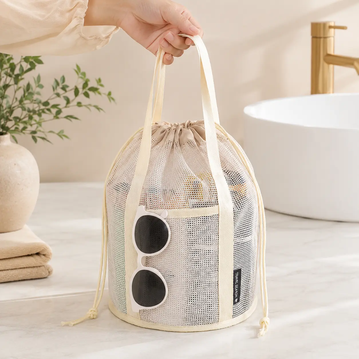 High-Capacity Collapsible Shower Caddy, Quick-Dry Breathable Mesh Reusable Washable Storage Bag with Front Pocket, Dual Carry Handles & Drawstring, Bathing Storage Bag for Bathroom, Travel (Stores Toiletries, Towels, Cosmetics, Daily Essentials)
