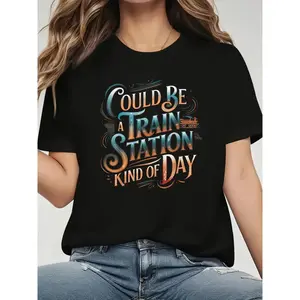 Women's "Could Be Train Station" Country Music Graphic T-Shirt 100% Cotton Black Crew Neck Short Sleeve Tee for Spring Summer