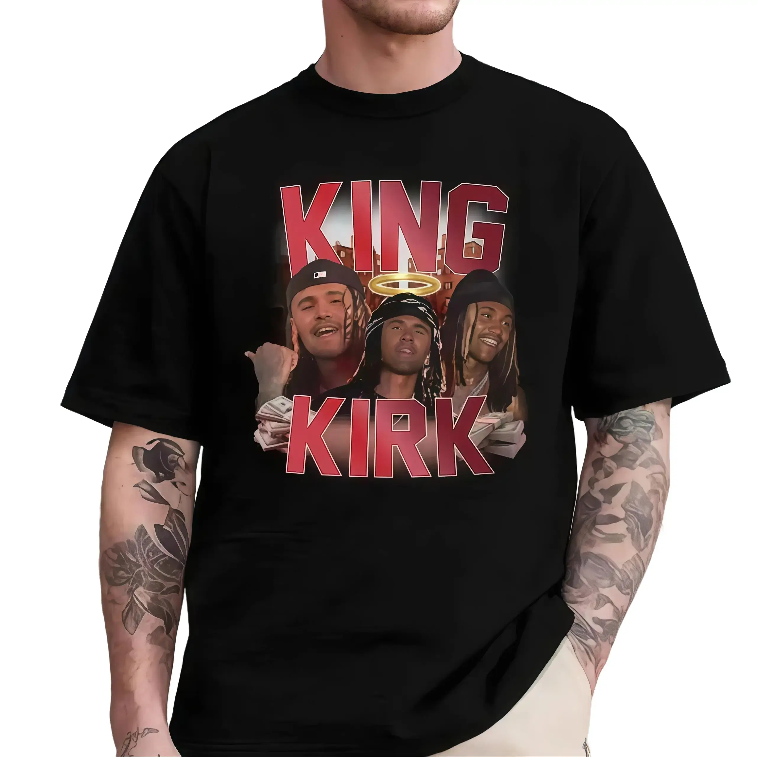 King Kirk Character Inspired Graphic T-Shirt - 100% Cotton Short-Sleeve Round Neck Relaxed Fit Unisex Menswear Apparel, Kirkify Meme Design, Retro 90s Hoodie-Style Streetwear Top, Viral TikTok Sports Gift, Shortsleeve, Funny Graphic Tee, Meme Shirts Funny