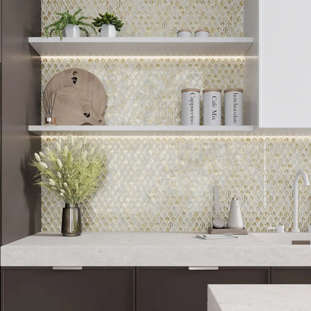 Gold White 11x11 Glossy Fan Fish Scale Glass Mosaic Tile (8 Cases, 67.84 sq ft/Pallet)