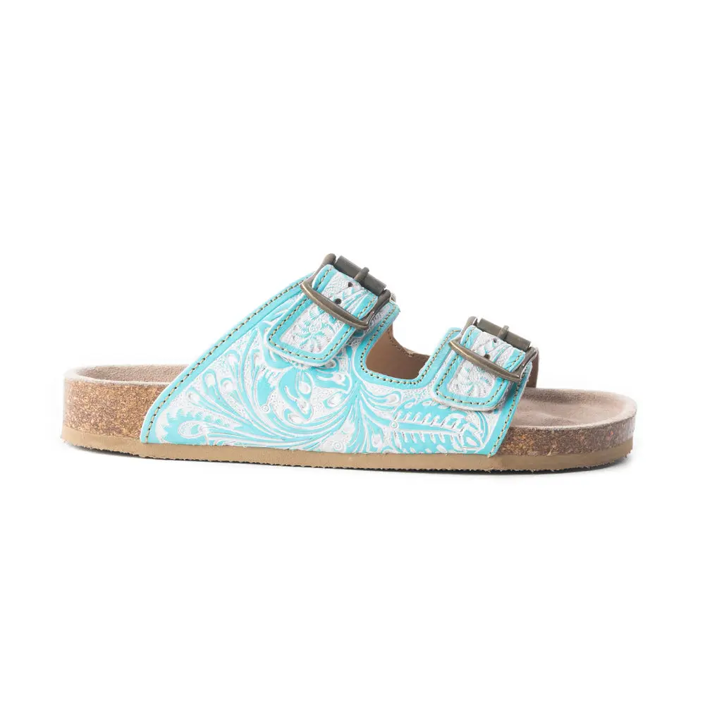 Women's Turquoise Hand Tooled Open Toed Sandals - Southwest Double-Strap Adjustable Silver Buckle Casual Slides with Contoured EVA Sole, Hand Tooled Sandals