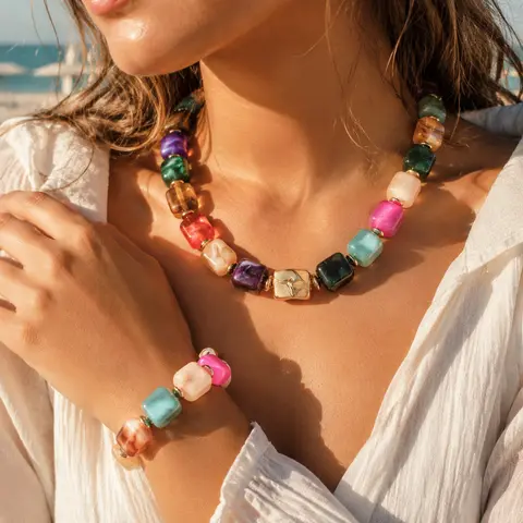 Women's 2-Piece Fashionable Jewelry Set - 17KM Colorful Resin Square Beads, Bohemian Geometric Everyday Accessory Set with Adjustable Chain, Beach Summer Vacation Plastic Necklace & Bracelets