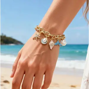 Gold Ocean Charm Bracelet Set Bold Mermaid Tail Starfish Pendant Unique Coastal Link Bracelet Trendy Summer Body Accessory Kit