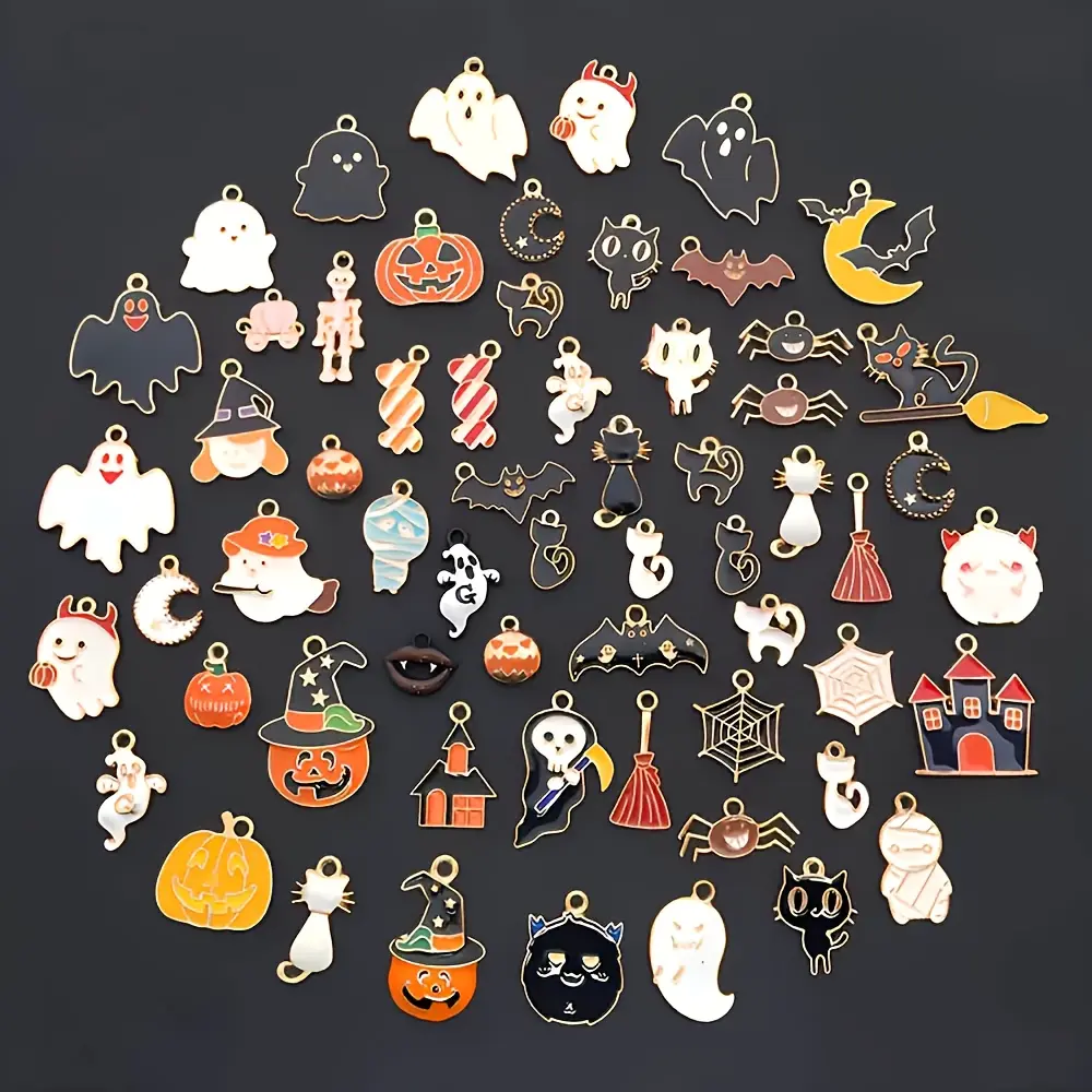 50 Pcs Unisex Halloween Alloy Enamel Finish Pendant Ornaments - Mini Trinkets with Ghost,Witch,Bat,Pumpkin+More Pendant Shapes - Vivid Colors,Lively Designs - Fashion Costume Jewelry Charms for Holiday Decor, Mini Sized Products, Witches, Ghosts, Metal Co