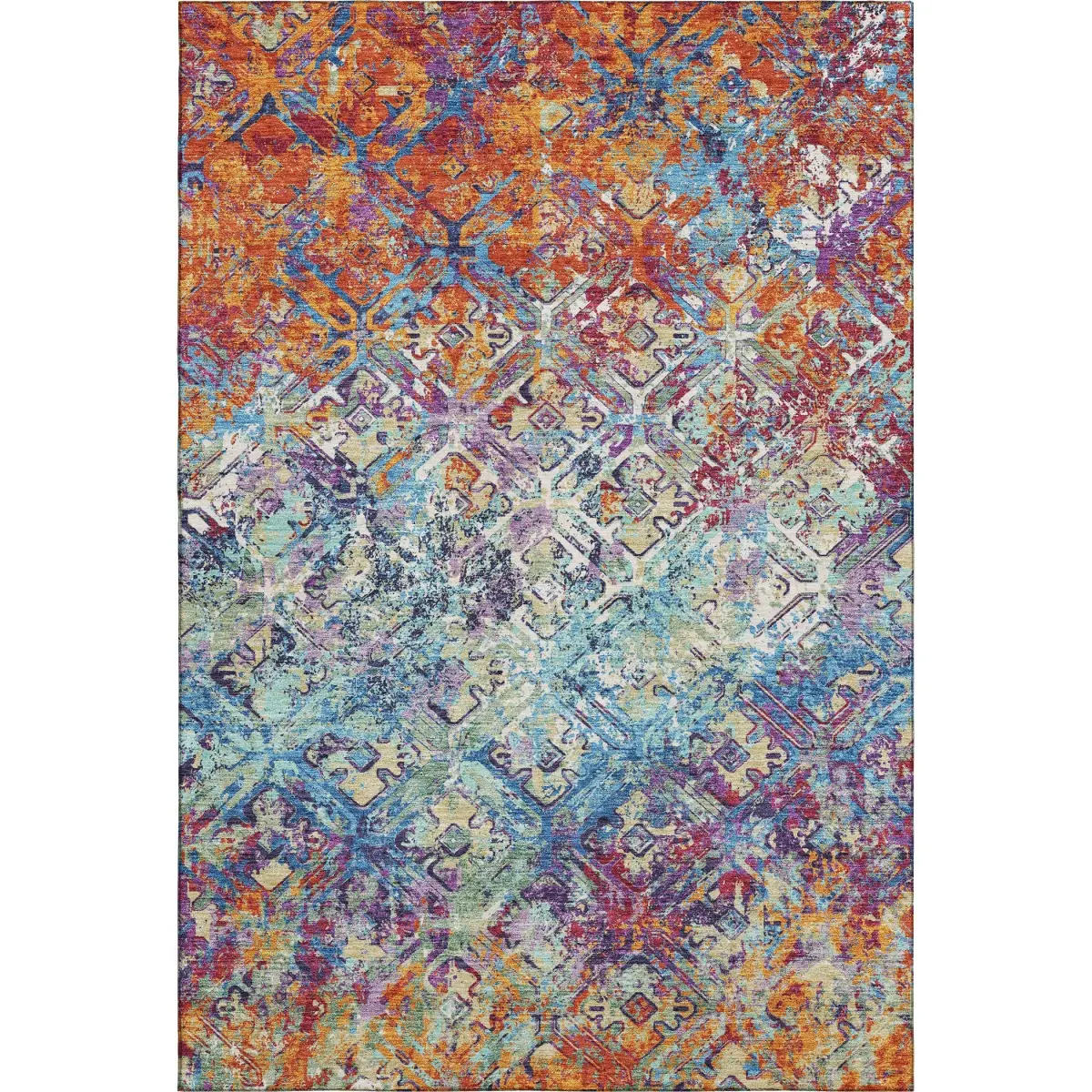 HomeRoots 664405 3x5 ft. Copper, Blue & Red Diamond 3-Color Machine-Washable Machine-Made Rectangle Area Rug with UV Protection, Three-Color Area Rugs, Machine-Washable Area Rugs