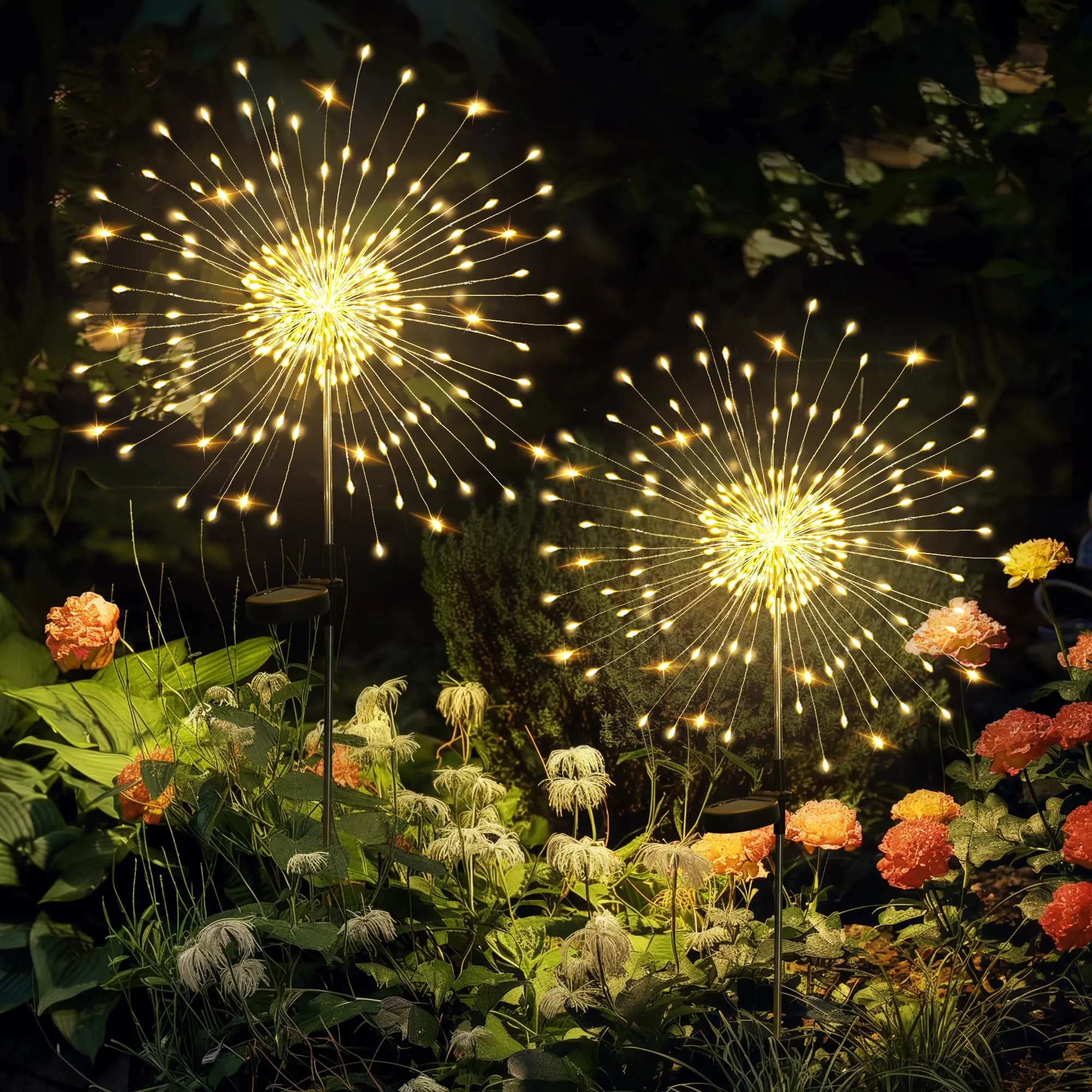 Copper Solar Outdoor Lights 2/4/8-Pack - 120LED Firework Fairy Mood Lights, Water Resistant, Battery-Powered, for Outdoor Pathway, 4th of July, Halloween Holiday Decorations, Batteries