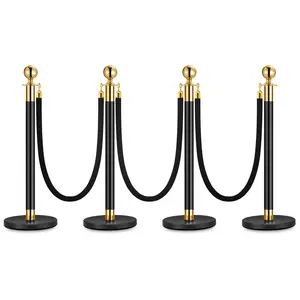 Garvee 4Pack Black Stanchions with 5FT Velvet Ropes, Crowd Control Barrier Queue Divider with Fillable Plastic Base for Theaters, Clubs, Hotels, Museums, Exhibitions