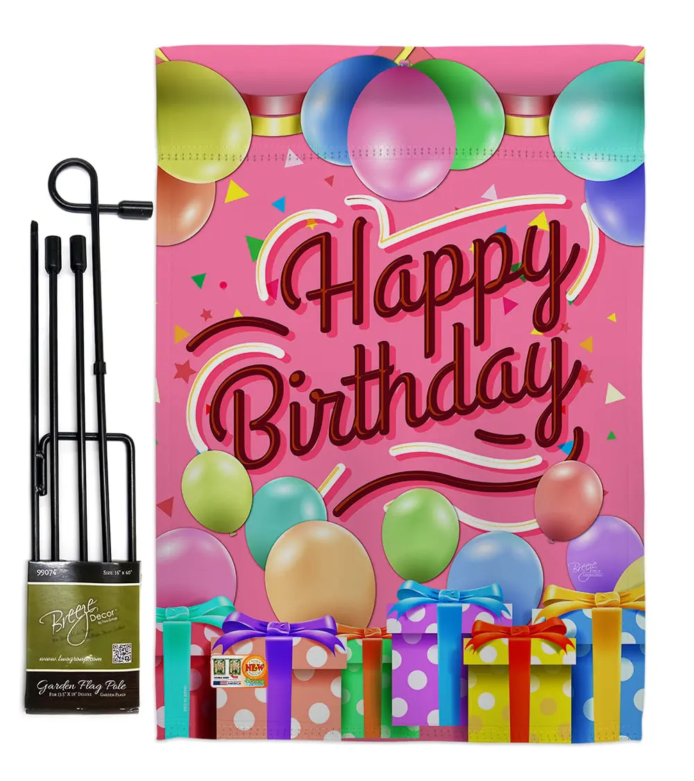 Breeze Decor BD-PC-GS-115133-IP-BO-D-US18 13x18.5in Print Hanging Vertical Double-Sided Garden Flag Set with Banner Pole, for Happy Birthday Special Occasion Celebrations