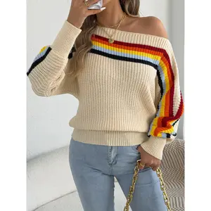 Women's Rainbow Striped Asymmetrical Neck Long Sleeve Sweater, Casual Fall Winter Knit Pullover, Ladies Fashion Top Knitwear