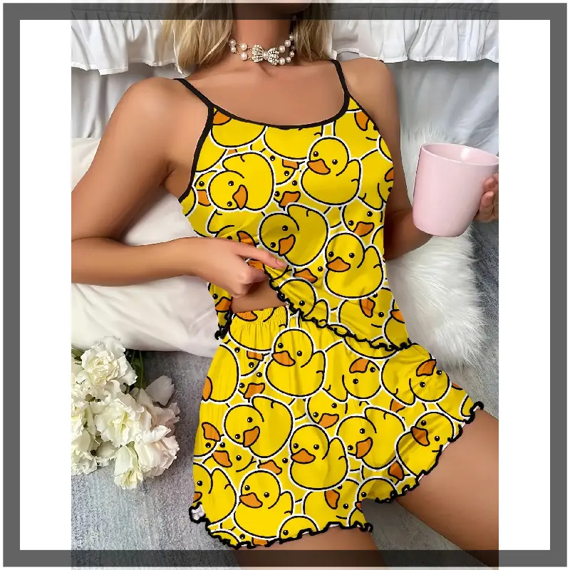 [Cartoon Duck Pajama] Full Print Cartoon Little Yellow Duck Garter Shorts Pajama Set for Women