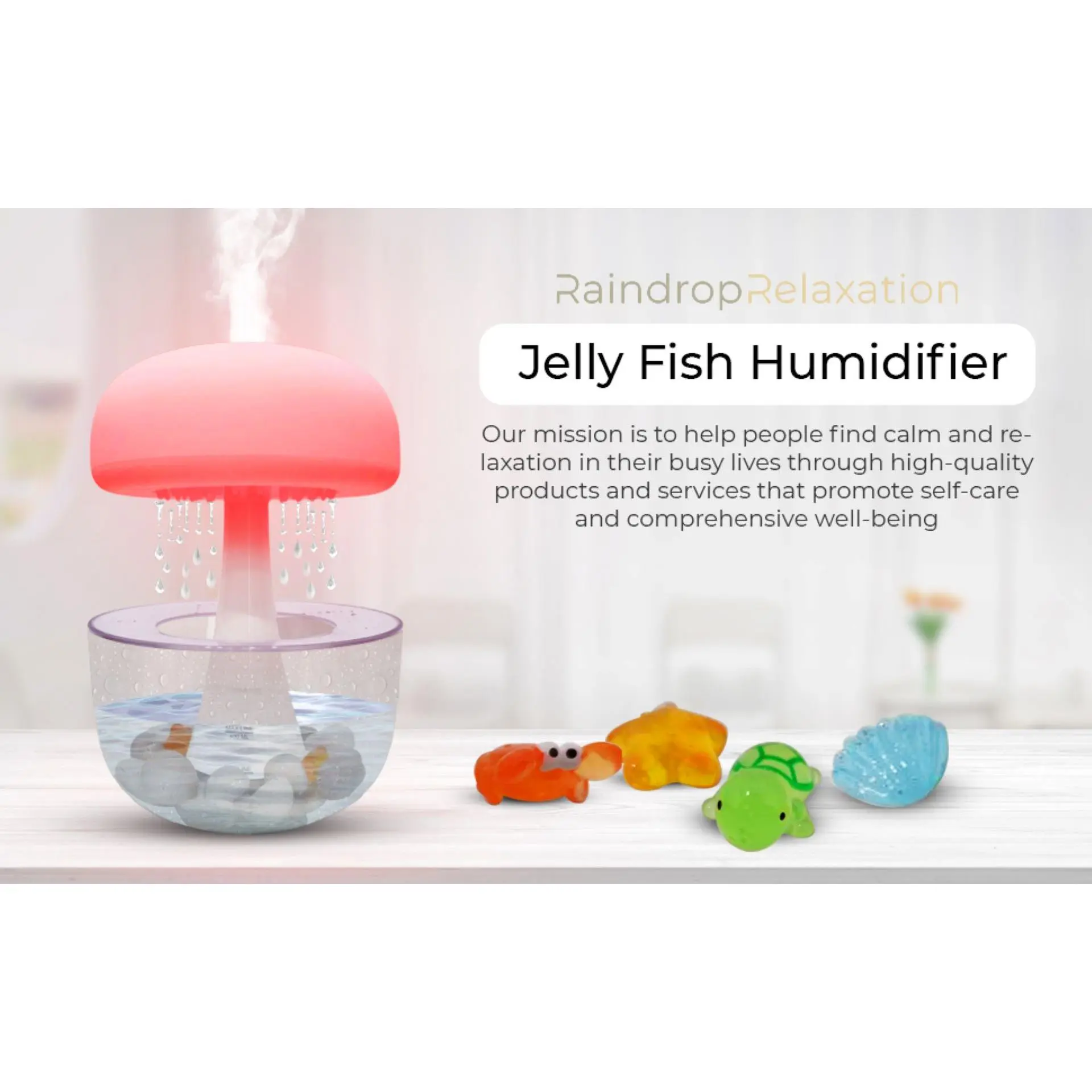 RaindropRelaxation - Jelly Fish Humidifier – Water Drip & Essential Cloud Oil Diffuser for Home Aroma – Bedroom Night Light & Waterfall Lamp & Atomizer with Calming Rain Sounds