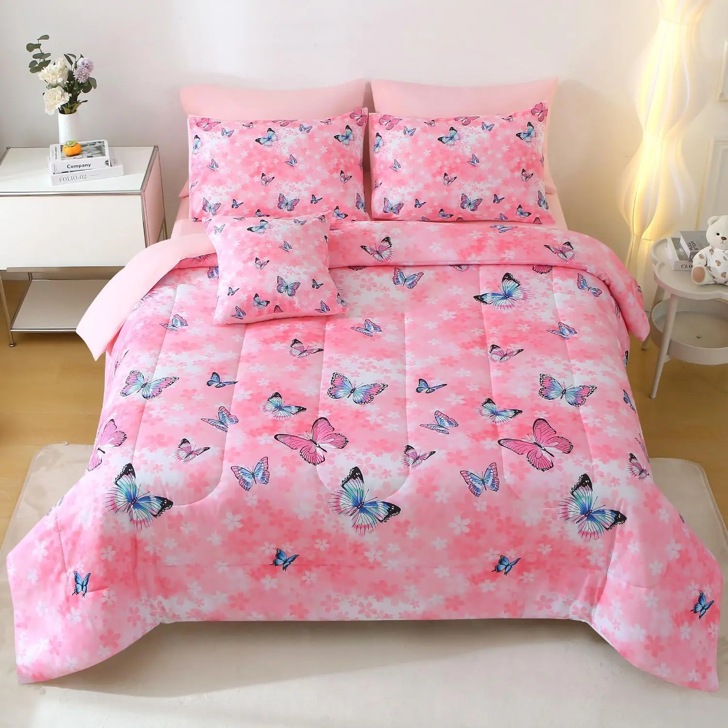 6 count Butterfly Comforter Set ,   Flower Printed Bedding Set,  Season Microfiber Butterfly Theme  Decor Bedding for Girls with Sheet Sets ()