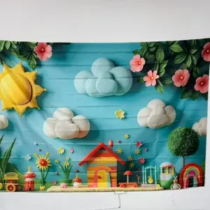 Flower House Pattern Backdrop, 1 Count Cartoon Sun & Cloud Pattern Wall Decor, Wall Hanging Banner for Birthday Party Decoration, Party Background Decoration, Party Supplies, Ornaments