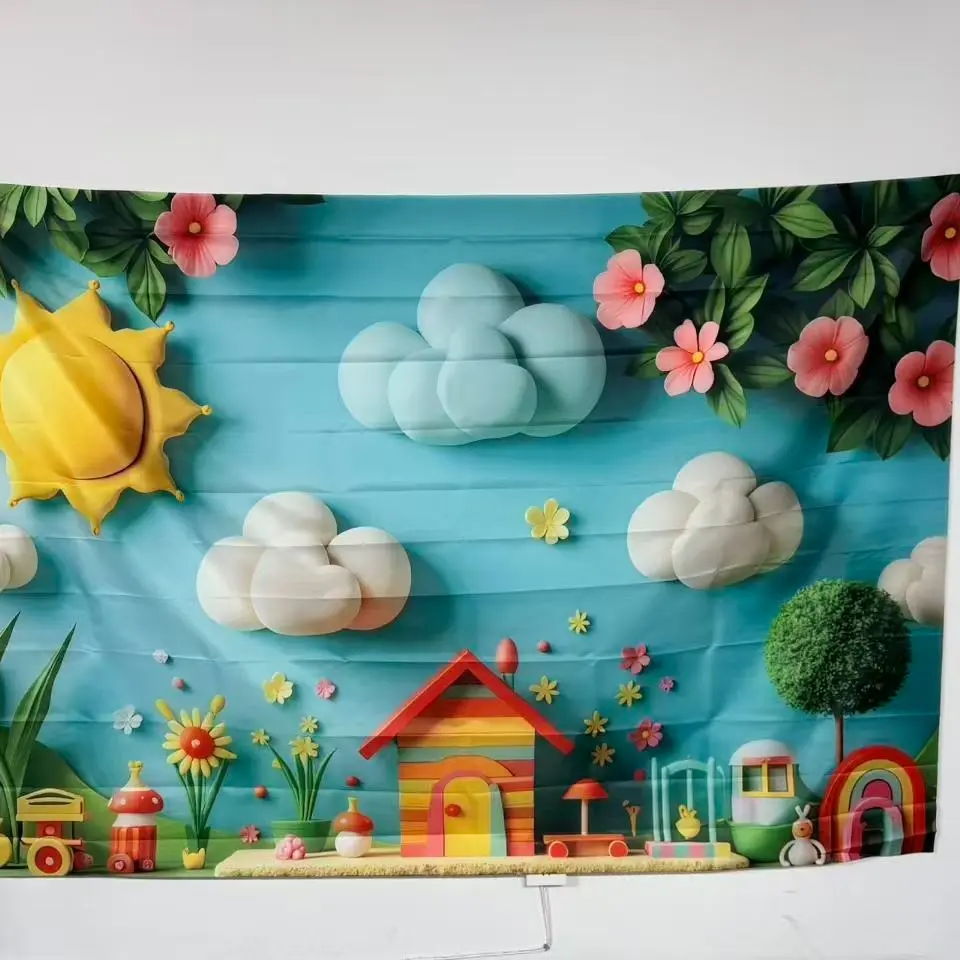 Flower House Pattern Backdrop, 1 Count Cartoon Sun & Cloud Pattern Wall Decor, Wall Hanging Banner for Birthday Party Decoration, Party Background Decoration, Party Supplies, Ornaments, Party Decorations Banners