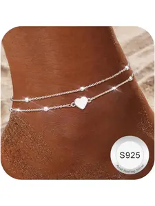 925 Sterling Silver Anklet Bracelet for Women Dainty Layered Waterproof Adjustable Silver Anklet Beaded CZ Heart Anklet Foot Jewelry
