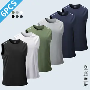 Men’s breathable athletic tank top set, six-piece; sleeveless regular-fit shirt suitable for gym workouts, running, and outdoor activities; summer casual wear; comfortable T-shirt; sporty training vest.