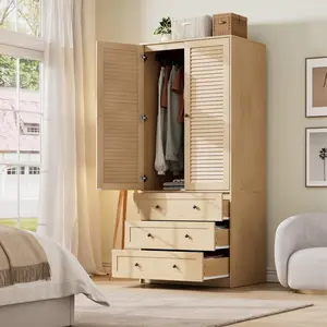 Wooden Armoire Wardrobe with 3 Drawers & Hanging Rod – 69.5" Tall Closet Cabinet with 2 Louvered Doors, Large Capacity Clothing Storage Unit for Bedrooms