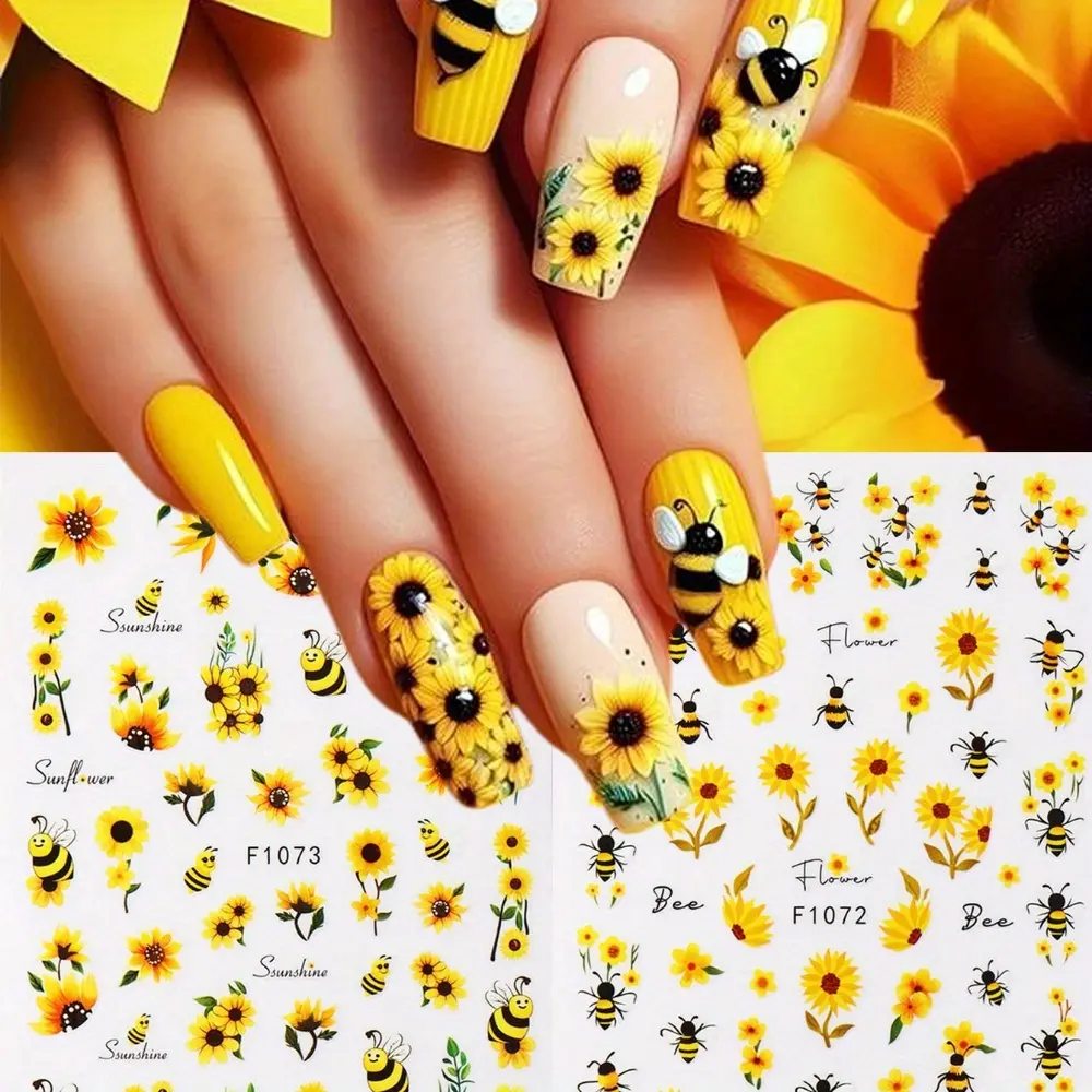 3D Acrylic Sunflower-Bee Themed Self-Adhesive Nail Art Stickers & Decals, 2-Sheet Set with Golden Flowers, Grass - Beauty & Personal Care Nail Art Accessory, 3D Acrylic Nail Art Stickers & Decals