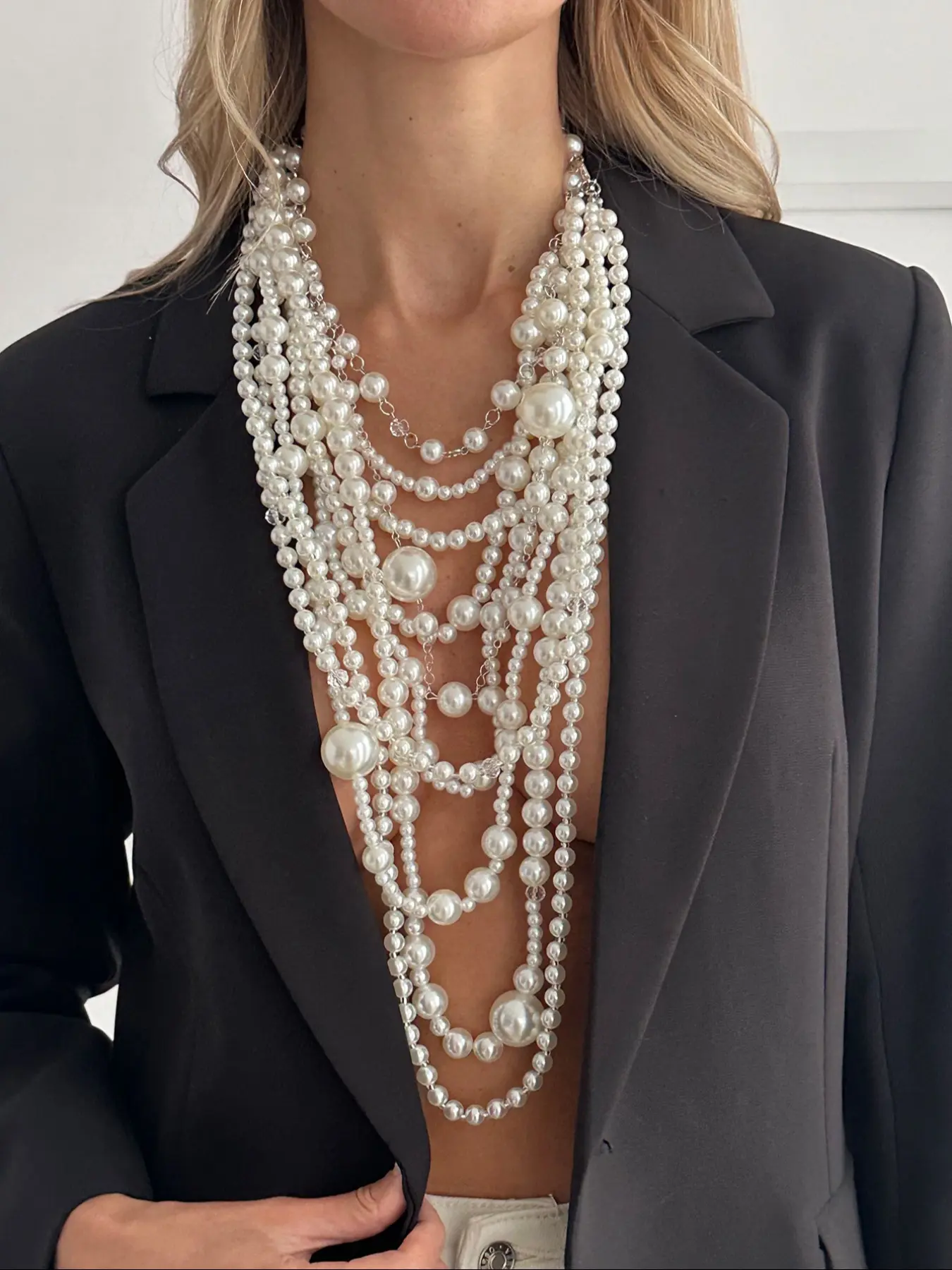 Women's Fashion Exaggerated Irregular Pearl Beaded Multi-Layer Fringe Scarf Sweater Chain, Creative Elegant Dress Accessory, Elegant Necklace, Faux Pearl Jewelry