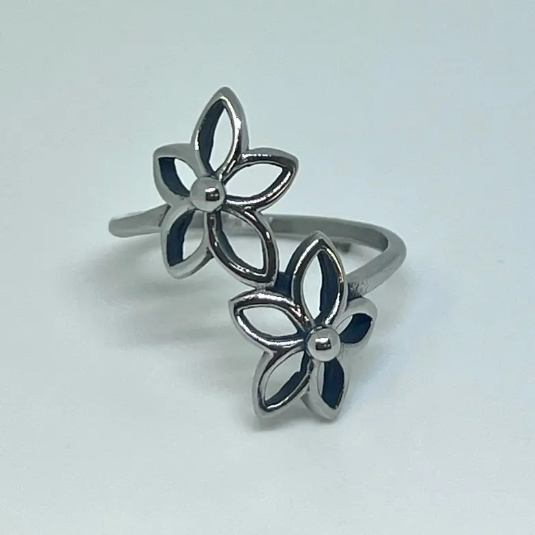 Stainless Steel Double Flower Ring – Silver Tone Floral Open Design Waterproof Tarnish Free Everyday Jewelry