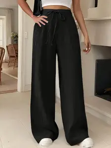Women's Non-Stretch Wide-Leg Pants - Elegant Office & Everyday Trousers, Machine Washable Non-Stretchy Formal & Casual Pants for  Smooth Texture Fabric, Work Trousers, Loose Fit, Lightweight Material, Wardrobe Staple, Professional