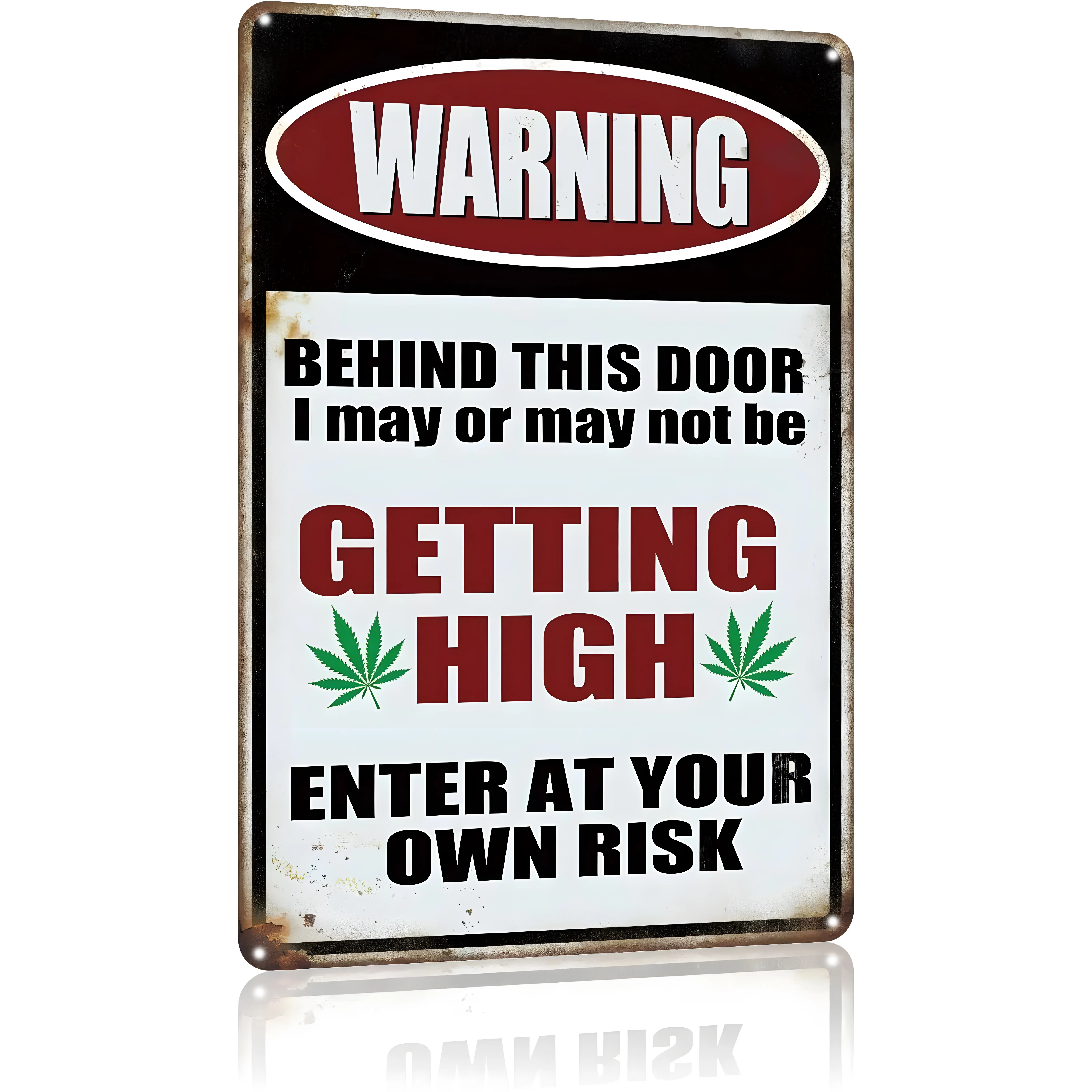 Vintage Print Metal Tin Sign, Lightweight Hanging Funny  Decoration for Man Cave Room Decor, 12x8 In Gifts with "WARNING - Behind This Door I May Be Getting High - Enter At Your Own Risk"